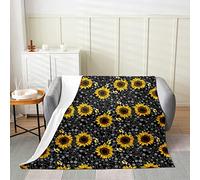Loussiesd Sunflower Throw Blanket, Cute Bees Floral Flannel Fleece Blanket, Yellow Flower Daisy Botanical Beeative Plush Blanket for Kids Girls Boys White Black Fuzzy Blanket Double 60x79 Inch