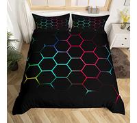 Loussiesd Teal And Blue Red Yellow Duvet Cover Hexagonal Bedding Set Kids Boys Teens Honeycomb Bed Cover Beehive Simplistic Geometric Bedspread Cover 3Pcs Double Size