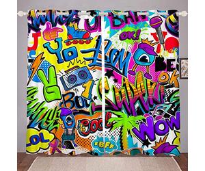 Loussiesd Teens Graffiti Pattern Drapes Boys Hippie Graffiti Style Curtains Hip Hop Style Window Curtain Panels for Kids Child Room Decor Street Culture Theme Window Treatments W46*L72