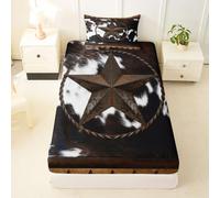 Loussiesd Texas Star Print Fitted Sheet Single Size for Kids Boys Girls Southwestern Cowboy Bed Sheets Set 16" Deep Pocket Soft Rustic Cowhide Print Bedding with 1 Pillowcase Southwestern Room Decor