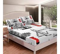 Loussiesd The Big Ben Symbols Bedding Set London Bridge Bed Sheet Set for Kids Adult England Cityscape Fitted Sheet Red Telephone Booth Bed Cover Modern UK Decor 3Pcs with 2 Pillowcase Double Size