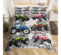 Loussiesd Tractors Comforter Cover Set Junior/Cot Bed Size Boys Cartoon Construction Tractor Duvet Cover Kids Vehicles Truck Car Bedding Set for Children Teens Nursery Red Blue Green Cars