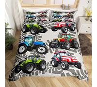 Loussiesd Tractors Comforter Cover Set Super King Boys Cartoon Construction Tractor Duvet Cover Kids Vehicles Truck Car Bedding Set for Children Teens Nursery Red Blue Green Cars Bedding & Linen