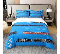 Loussiesd Train Kids Boys 100% Cotton Duvet Cover Retro Steam Engine Toddler Bedding 100% Cotton Set for Teens Railway Track Transport Red Blue Black Decor Quilt Cover Room 2Pcs King Size Zipper
