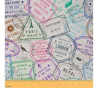 Loussiesd Travel Upholstery Fabric by The Yard Passport and Visa Stamps Decorative Waterproof Outdoor Fabric for Chairs Retro Style Paris London 1 Yard (L92*W150cm)
