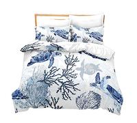 Loussiesd Turtle Duvet Cover Set Blue White Double Bedding Set Marine Life Sea Animals Print Comforter Cover Soft Microfiber Polyester Bedspread Cover with 2 Pillow Shams, Zipper, Ocean Theme