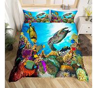 Loussiesd Turtle Duvet Cover Set Single Size for Kids 3D Coral Fish Bedding Set Marine Creatures Comforter Cover with 1Pillow Shams Zipper Ultra Soft Light Blue Microfiber Sea Life Bedspread Cover