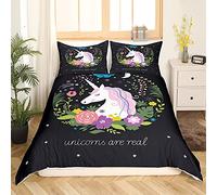 Loussiesd Unicorn Bedding Duvet Cover Set Kids Dreamy Horseed Bedding Set Girls Cute Floral Magical Animal Comforter Cover Set Cartoon Starry Sky Bedding & Linen Bedroom Bedclothes Single Size