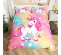 Loussiesd Unicorn Duvet Cover All Season Rainbow Stripe Pattern Bedding Set with 2 Pillow Cases Girls Cute Unicorn Microfiber Kids Double Bedclothes Cartoon Animal Bedroom Decor Comforter Cover