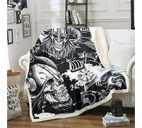 Loussiesd Viking Skull Fleece Throw Blanket - Retro Exotic Sword Spear Plush for Sofa Couch - Black White Skeleton - Vintage Ancient Vikings Fuzzy Bedroom Decor - Single 50"x60"