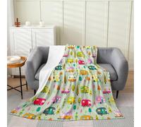 Loussiesd Vintage Camper Plush Throw Blanket RV Travel Trailer Flannel Blanket Queen 90x90Inch Green Camping Theme All Season for Couch Bed Sofa Bedroom Decor