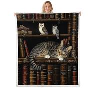 Loussiesd Vintage Library Flannal Blanket Double 60"x79" Book Cat Fleece Throw Blanket for Bed Sofa Cute Bookshelf Sherpa Room Decorations Flannal Blanket