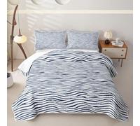 Loussiesd Wave Stripes Quilted Bedspread 3 Pieces King Size Dark Blue Geometric Quilted Bedding for All Season Abstract Zebra Stripe Kids Girls Bedspread Art Coverlet Set With 2 Pillowcases Luxury