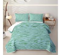 Loussiesd Wave Stripes Quilted Bedspread Blue Green Geometric Quilted Bedspread Lightweight Coverlet Set Double Abstract Zebra Stripe Bedding Set with Pillowcases for All Season Microfiber Bed Decor