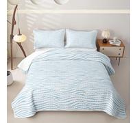 Loussiesd Wave Stripes Quilted Bedspread Double Size Light Blue Geometric Comforter Set for Kids Boys Girls Abstract Zebra Stripe Bedspread s with 2 Pillowcases Modern Art Bedding Lightweight Luxury