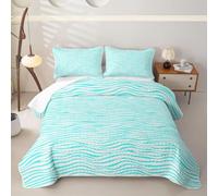 Loussiesd Wave Stripes Quilted Bedspread for All Season Blue Geometric Bedspread Double Size for Kids Boys Girls Abstract Zebra Stripe Quilted Bedding With 2 Pillowcases Art Coverlet Set Soft Luxury