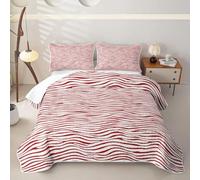 Loussiesd Wave Stripes Quilted Bedspread for Double Bed Red White Geometric Bedspread Bed Summer Comforter Abstract Zebra Stripe Coverlet All Season 3 Pieces (1 Quilt, 2 Pillowcases) Bedding Set