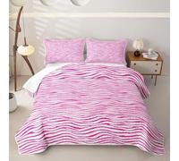 Loussiesd Wave Stripes Quilted Bedspread for Double Size Bed Hot Pink Geometric Bedspread Bed Summer Comforter Abstract Zebra Stripe Coverlet All Season 3 Pieces (1 Quilt, 2 Pillowcases) Bedding Set