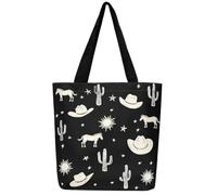 Loussiesd West Cowboy Canvas Tote Bags for Women Gifts Western Decor Large Capacity Shoulder Handbags Travel Beach Bag Cactus Hat Horse Reusable Grocery Bag for Shopping Gym Rodeo Cowboy Star Sun
