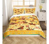 Loussiesd Western Decor Comforter Cover Set Double Size Wild West Cowboy Bedding Set Children Horse Rodeo Cowboy Style Cowgirl Bedding Duvet Cover Set Room Decor Yellow Bedspread Cover 3Pcs