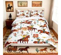 Loussiesd Western Decor Comforter Cover Set Double Size Wild West Cowboy Cowgirl Bedding Set Children Horse Desert Rodeo Cowboy Style Bedding Duvet Cover Set Brown Bedspread Cover 3Pcs(No Comforter)