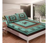 Loussiesd Western Decor Fitted Sheet King Size Wild West Cowboy Bedding Set Room Decorative Horese West Texas Star Rodeo Cowboy Style Horseshoes Bed Sheet Set Green Bed Cover Deep Pocket(No Top Sheet)