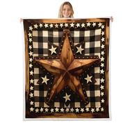 Loussiesd Western Texas Star Print Sherpa Throw Blanket for Couch Farmhouse Plaid Super Soft Cozy Fleece Brown Vintage Country Blanket for Winter, Plush Throw Queen 90x90Inch All Season