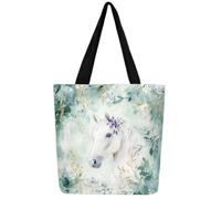 Loussiesd White Horse Canvas Tote Bags for Women Gifts Leaves Flower Large Capacity Shoulder Handbags Travel Beach Bag Plants Galloping Horse Reusable Grocery Bag for Shopping Gym Cute Animal Wildlife