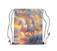 Loussiesd White Horse Drawstring Backpack Galloping Horse Sports Gym String Bag Cute Animal Decor Drawstring Bags Sunset Ocean Waterproof Cinch Bag Sackpack