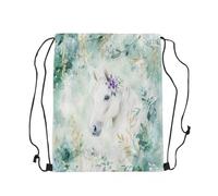 Loussiesd White Horse Drawstring Backpack Leaves Flower Sports Gym String Bag Plants Galloping Horse Drawstring Bags Cute Animal Waterproof Cinch Bag Wildlife Sackpack