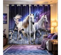 Loussiesd White Horse Print Window Treatments Galloping Horse Curtain Blue Galaxy Window Drapes for Boys Girls Kids Room Decor Lightweight Wild Animal Themed Window Curtain W46*L54