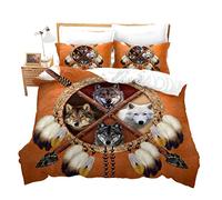 Loussiesd Wolf Bedding Set Double for Kids Boys 3D Animal Print Comforter Cover Dream Catcher Duvet Cover Set Tribal Wolves Bedspread Cover Microfiber Vintage Boho Feather Decoration Bedding Cover
