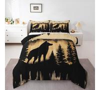 Loussiesd Wolf Bedding Set Wolves Howling Duvet Set for Boys Girls Animal Down Duvet Single Size 2Pcs Rustic Cabin Country Room Decor Farmhouse Botanical Tree