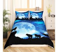 Loussiesd Wolf Duvet Cover for Kids Boys 3D Print Galaxy Bedding Set Junior/Cot Bed Decorative Blue Moonlight Stars Microfiber Polyester Comforter Cover with 1 Pillow Shams, Zipper, 2 Pieces