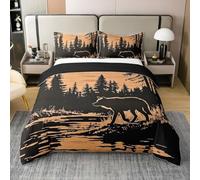 Loussiesd Wolf Duvet Cover Wolves Howling cotton Bedding Set Single Size Animal Comforter Cover Rustic Cabin Country Bedroom Decor 2Pcs Farmhouse Orange Zipper Closure