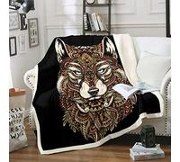 Loussiesd Wolf Fleece Throw Blanket - Boho Wildlife Sherpa for Sofa Couch Bed - Bohemian Style Stain Resistant Exotic Wild Wolf Room Decor - Double 60"x79" Flannel