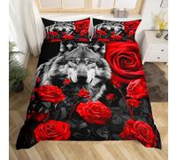 Loussiesd Wolf Rose Bedding Set Girls Women 3D Rose Wild Animal Bedding Duvet Cover Set For Teens Kids Safari Wildlife Floral Romantic Flowers 2Pcs Single
