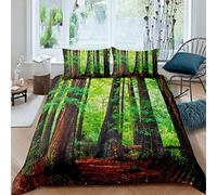 Loussiesd Woodland Comforter Cover for Kids Man Boys Woman Girls Seniors,Tropical Nature Rain forest Bedding Set,Redwood Trees Wild Branch Brown Green,Decor 2 Pcs Duvet Cover Single & Zipper Ties