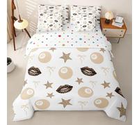 Loussiesd Y2K Beige Lucky 8 Ball Duvet Cover With Sheets 7 Piece Double Size Leopard Print Bedding Set for Kids Boys Girls Lips Stars Bows Print Bed in a Bag Room Decor Soft Lightweight Microfiber