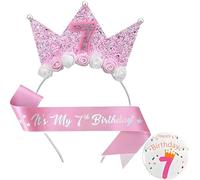 louuuou 3 PCS 7th Birthday Decorations Set, 7th Birthday Badge with Hair Band Glitter and Sash, Aesthetically Pleasing Suitable for Decorations Girl Party Princess Party Hair Band