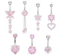 louuuou 7 PCS Dangly Belly Button Bars Belly Ring Set,Pink Cool Surgical Steel Bellys Bars Various Shapes of Bellys Button Piercing Suitable for Beaches Swimsuits and Short Tops