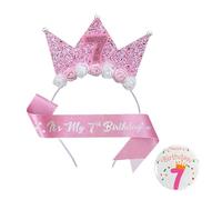 louuuou 7th Birthday Girl Headband, Happy Birthday Badge Set for Birthday Decorations Girls Party Princess Party Hair Band Decorations