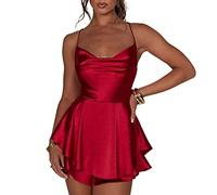 LouVasabuce Women Sexy Backless Short Romper Satin Dress Cowl Neck Tie Ruffle Layer Spaghetti Strap Jumpsuit Mini Dress, Red, S