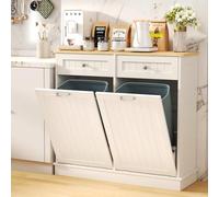 LOUVIXA Tilt Out Trash Bin Cabinet Dog Proof Trash Can Holder with Two Solid Wood Hideaway Trash Holder Drawers, Free Standing Recycling Cabinet