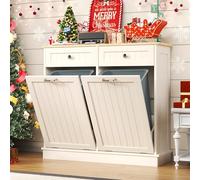 LOUVIXA Tilt Out Trash Bin Cabinet Dog Proof Trash Can Holder with Two Solid Wood Hideaway Trash Holder Drawers, Free Standing Recycling Cabinet