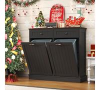 LOUVIXA Tilt Out Trash Bin Cabinet Dog Proof Trash Can Holder with Two Solid Wood Hideaway Trash Holder Drawers, Free Standing Recycling Cabinet