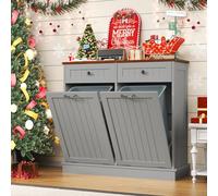 LOUVIXA Tilt Out Trash Can Cabinet with Double Hidden Can Holder, Kitchen Free Standing Recycling Cabinet, Dog Proof, Wood, Gray