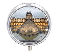 Louvre Museum in Paris Pill Box 3 Compartment Waterproof Pill Container with Mirror Metal Medicine Box Organizer Portable Vitamin Case for Pocket & Purse Travel - Round