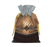 Louvre Museum in Paris Printed Christmas Drawstring Bags Reusable Xmas Bag for Party Xmas Gift Wrapping, Yellow Ribbon, M