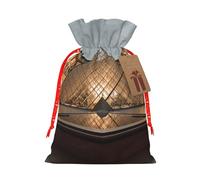 Louvre Museum in Paris Printed Christmas Drawstring Bags Reusable Xmas Bag for Party Xmas Gift Wrapping, Red Ribbon, S